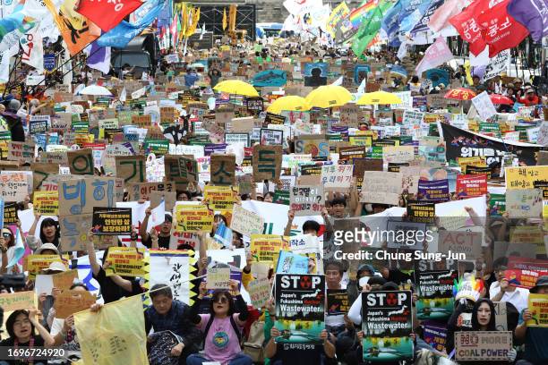 Thousands of South Koreans participate in a Climate Strike rally on September 23, 2023 in Seoul, South Korea. Protesters gathered to demand the South...