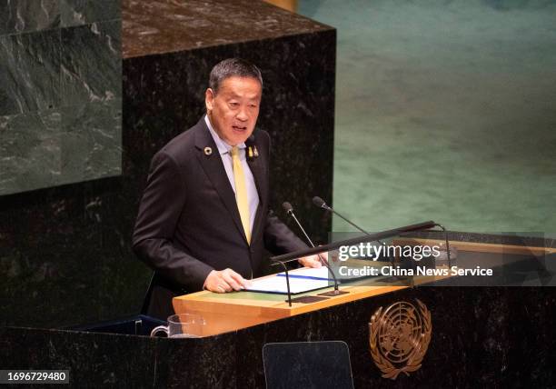 Thai Prime Minister Srettha Thavisin speaks during the general debate of the 78th Session of the United Nations General Assembly at UN headquarters...