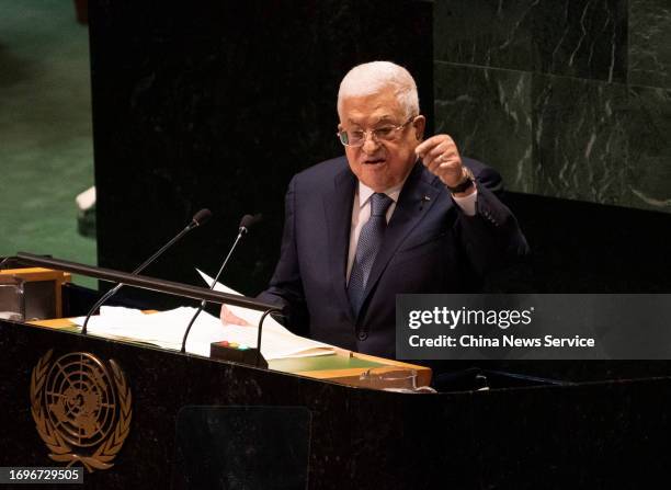 Palestinian President Mahmoud Abbas speaks during the general debate of the 78th Session of the United Nations General Assembly at UN headquarters on...