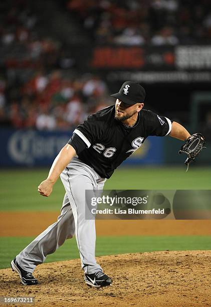 Jesse Crain of the Chicago White Sox pitches against the Los Angeles Angels of Anaheim at Angel Stadium of Anaheim on May 16, 2013 in Anaheim,...