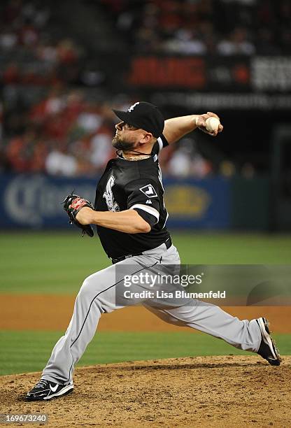 Jesse Crain of the Chicago White Sox pitches against the Los Angeles Angels of Anaheim at Angel Stadium of Anaheim on May 16, 2013 in Anaheim,...