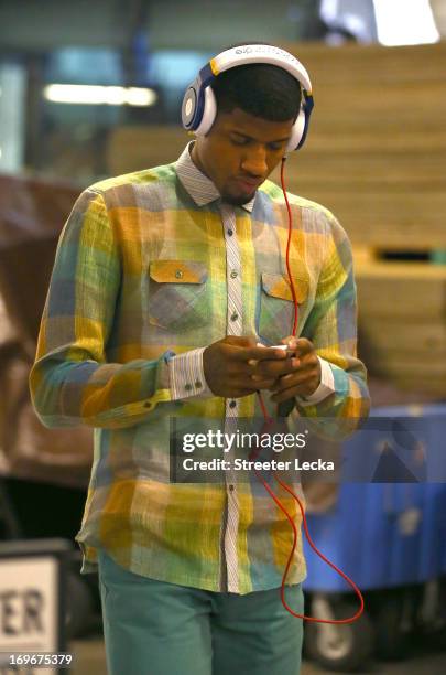 Paul George of the Indiana Pacers enters the arena prior to Game Five of the Eastern Conference Finals against the Miami Heat at AmericanAirlines...