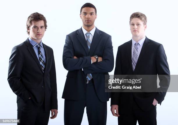 Jonathan Drouin, Nathan MacKinnon and Seth Jones have their formal portrait taken during the 2013 NHL Combine May 30, 2013 at the Westin Bristol...