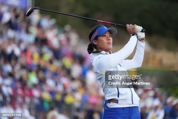 Celine Boutier of Team Europe hits a tee shot on the first hole during Day Two of The Solheim Cup at Finca Cortesin Golf Club on September 23, 2023...