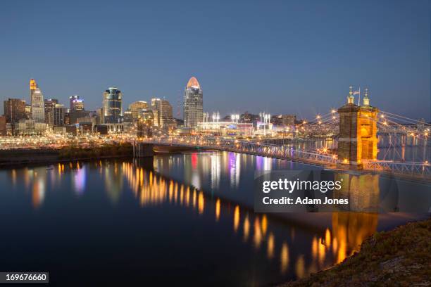 john a. roebling bridge and cincinnati skyline - kentucky skyline stock pictures, royalty-free photos & images