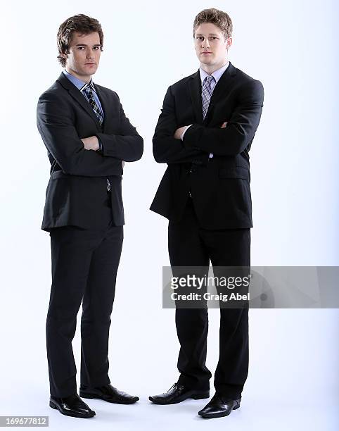 Jonathan Drouin and Nathan MacKinnon have their formal portrait taken during the 2013 NHL Combine May 30, 2013 at the Westin Bristol Place Hotel in...