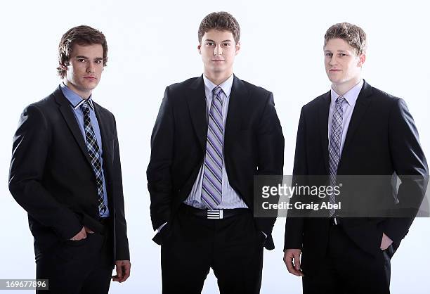 Jonathan Drouin, Zachary Fucale and Nathan MacKinnon have their formal portrait taken during the 2013 NHL Combine May 30, 2013 at the Westin Bristol...