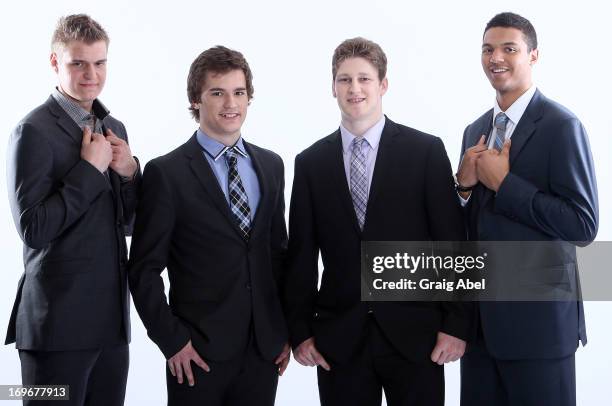 Aleksander Barkov, Jonathan Drouin, Nathan MacKinnon and Seth Jones have their formal portrait taken during the 2013 NHL Combine May 30, 2013 at the...