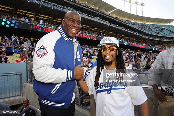 In this handout photo provided by the Los Angeles Dodgers, Lil Jon , rapper, record producer, entrepreneur and international DJ who was a member of...