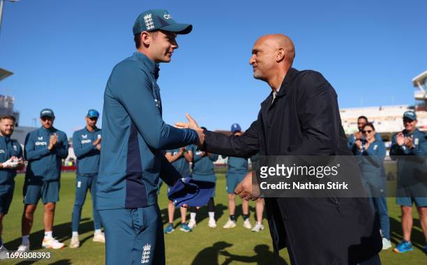 Jamie Smith of England is presented with his international cap by during the 2nd Metro Bank ODI match between England and Ireland at Trent Bridge on...