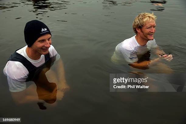 Hamish Bond and Eric Murray of the Elite Mens Pair recover in the lake during a New Zealand Rowing media day during the Winter Series regatta on May...