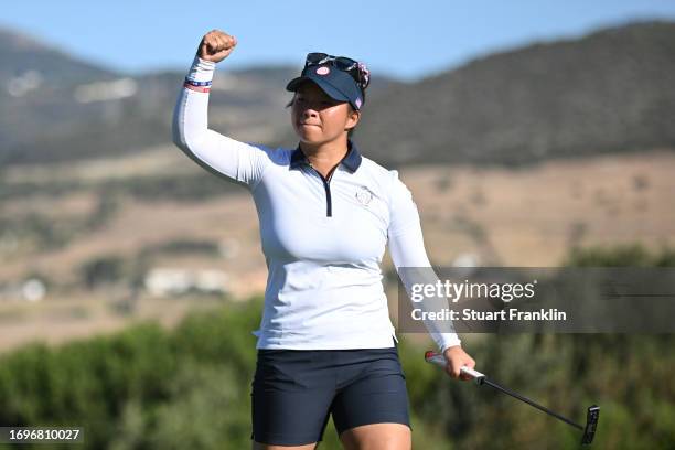 Megan Khang of Team USA reacts to a putt on the eighth green during Day Two of The Solheim Cup at Finca Cortesin Golf Club on September 23, 2023 in...