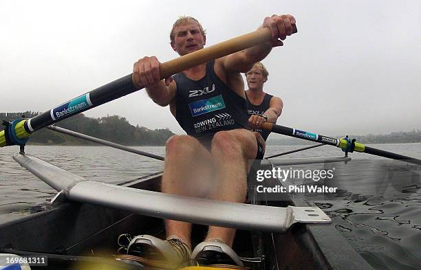 Hamish Bond and Eric Murray of the Elite Mens Pair during a New Zealand Rowing media day during the Winter Series regatta on May 31, 2013 in...