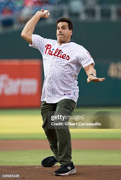 Actor Lou Ferrigno throws the first pitch at the Philadelphia Phillies Vs. Boston Red Sox at Citizens Bank Park on May 30, 2013 in Philadelphia,...