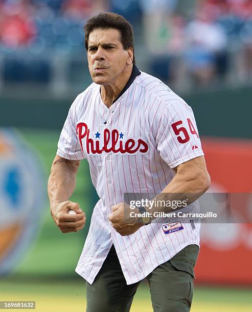 Actor Lou Ferrigno throws the first pitch at the Philadelphia Phillies Vs. Boston Red Sox at Citizens Bank Park on May 30, 2013 in Philadelphia,...