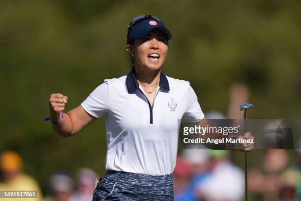 Danielle Kang of Team USA reacts to a putt on the 12th green during Day Two of The Solheim Cup at Finca Cortesin Golf Club on September 23, 2023 in...