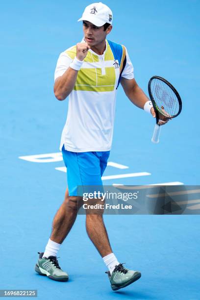 Mackenzie McDonald of the United States celebrates a point against Grigor Dimitrov of Bulgaria during day 4 of the 2023 China Open at at National...