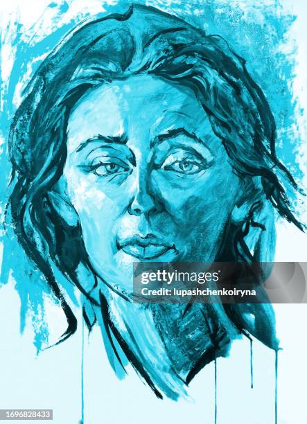 illustration oil painting portrait of woman with long hair in blue tones - emotional intelligence stock illustrations