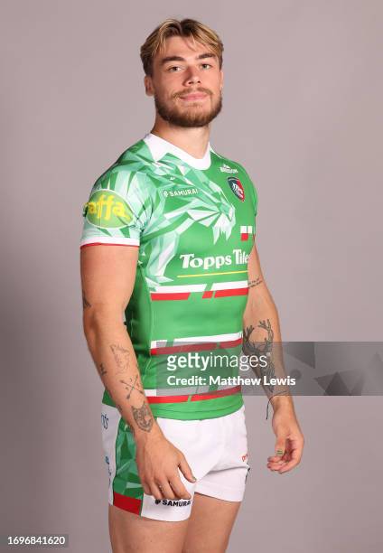Ollie Hassell-Collins of Leicester Tigers poses for a portrait during the squad photocall for the 2023-2024 Gallagher Premiership Rugby season at...