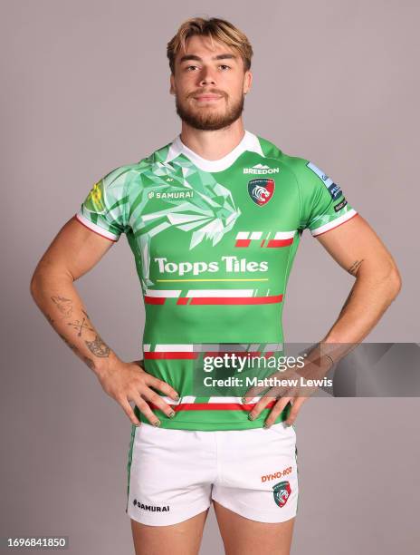 Ollie Hassell-Collins of Leicester Tigers poses for a portrait during the squad photocall for the 2023-2024 Gallagher Premiership Rugby season at...