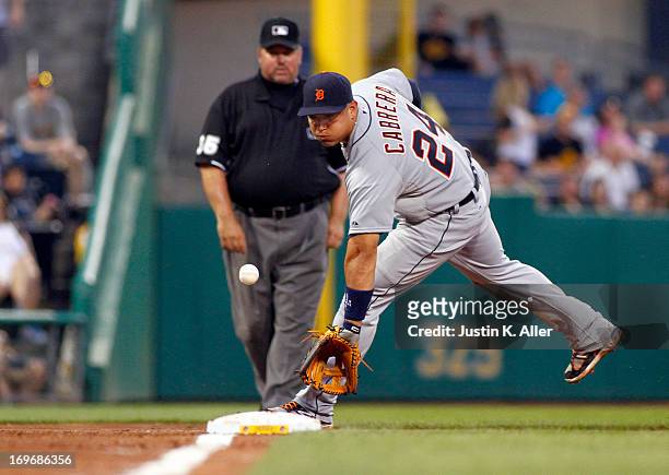 Miguel Cabrera of the Detroit Tigers fields a ground ball against the Pittsburgh Pirates during the game on May 30, 2013 at PNC Park in Pittsburgh,...