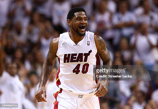 Udonis Haslem of the Miami Heat reacts after a basket in the third quarter against the Indiana Pacers during Game Five of the Eastern Conference...