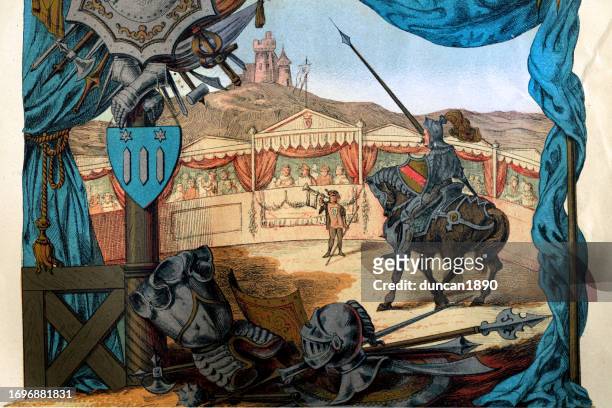 herald announcing the arrival of a knight into the arena, medieval tournament - jousting stock illustrations