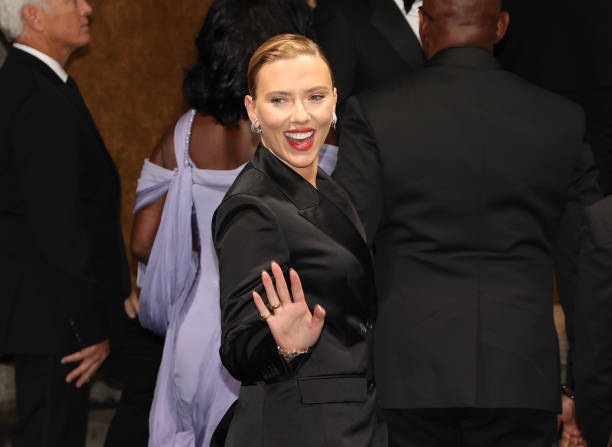 Scarlett Johansson is seen arriving to the Clooney Foundation For Justice's "The Albies" held at The New York Public Library on September 28, 2023 in...