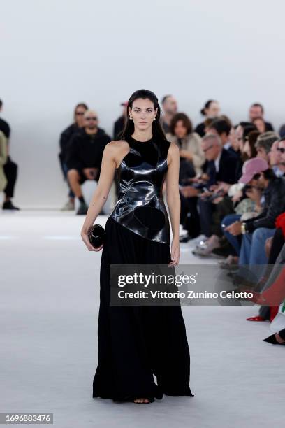 Vittoria Ceretti walks the runway at the Ferragamo fashion show during the Milan Fashion Week Womenswear Spring/Summer 2024 on September 23, 2023 in...