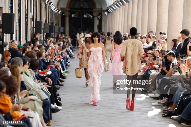Model walks the runway at the Ermanno Scervino fashion show during the Milan Fashion Week Womenswear Spring/Summer 2024 on September 23, 2023 in...