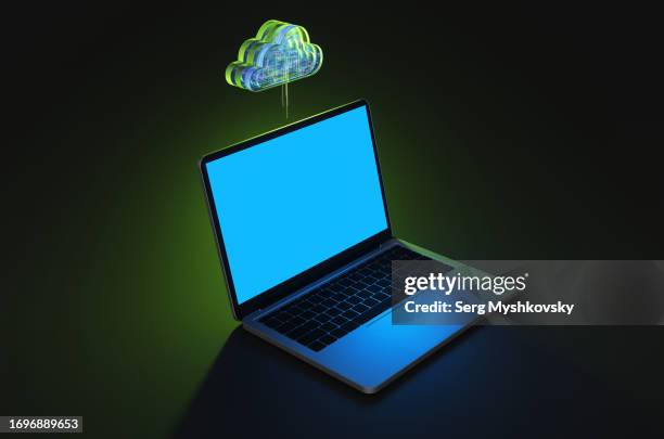 close-up of laptop with cloud data storage mockup. - digital signage mockup stock pictures, royalty-free photos & images