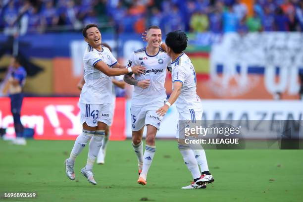 Of FC Machida Zelvia celebrates scoring his side's first goal during the J.LEAGUE Meiji Yasuda J2 36th Sec. Match between V-Varen Nagasaki and FC...
