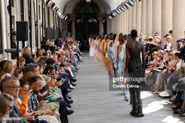 Model walks the runway at the Ermanno Scervino fashion show during the Milan Fashion Week Womenswear Spring/Summer 2024 on September 23, 2023 in...