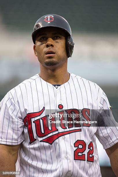 Wilkin Ramirez of the Minnesota Twins looks on against the Boston Red Sox on May 19, 2013 at Target Field in Minneapolis, Minnesota. The Red Sox...