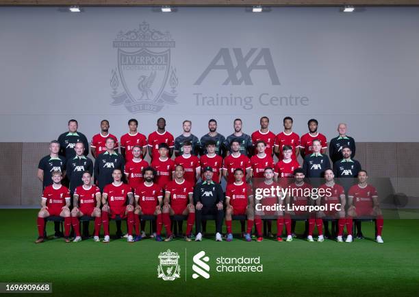 The official Liverpool squad for the 23/24 season pose for the squad shot at AXA Training Centre on September 23, 2023 in Kirkby, England. Back Row:...