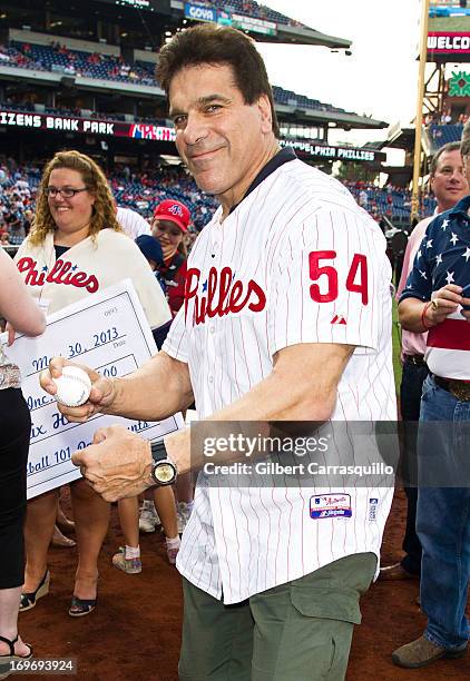 Actor Lou Ferrigno throws first pitch at the Philadelphia Phillies Vs. Boston Red Sox at Citizens Bank Park on May 30, 2013 in Philadelphia,...