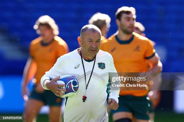 Head Coach, Eddie Jones looks on during the Australia captain's run ahead of their Rugby World Cup France 2023 match against Wales at Parc Olympique...