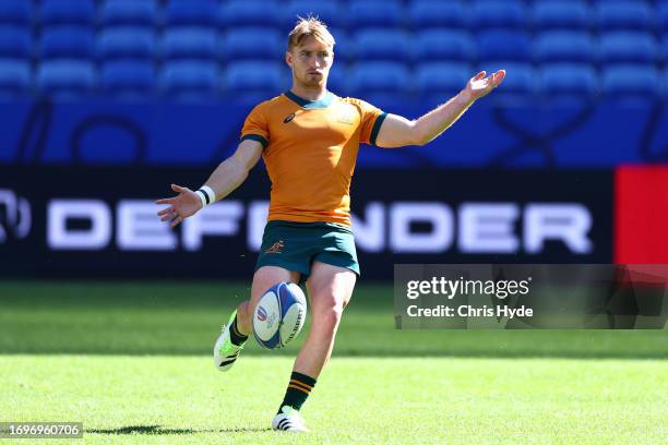 Tate McDermott of the Wallabies runs through drills during the Australia captain's run ahead of their Rugby World Cup France 2023 match against Wales...