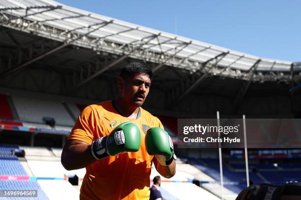 Will Skelton of the Wallabies runs through drills during the Australia captain's run ahead of their Rugby World Cup France 2023 match against Wales...