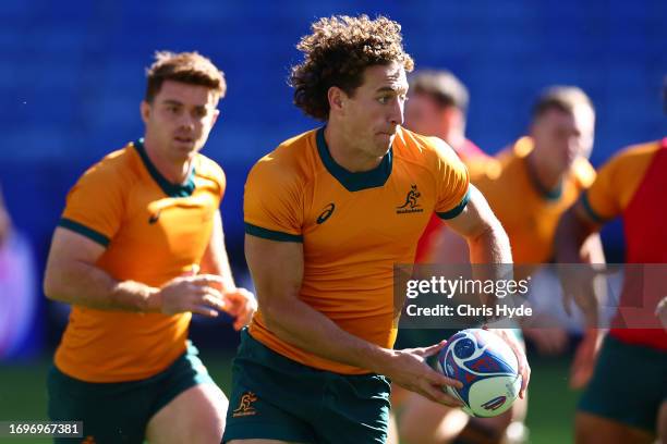 Mark Nawaqanitawase of the Wallabies runs through drills during the Australia captain's run ahead of their Rugby World Cup France 2023 match against...