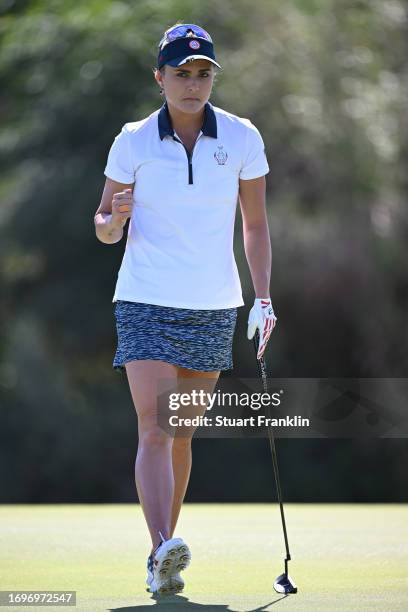 Lexi Thompson of Team USA reacts to a putt on the 16th green during Day Two of The Solheim Cup at Finca Cortesin Golf Club on September 23, 2023 in...