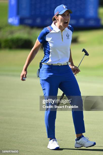 Carlota Ciganda of Team Europe reacts on the 14th green during Day Two of The Solheim Cup at Finca Cortesin Golf Club on September 23, 2023 in...