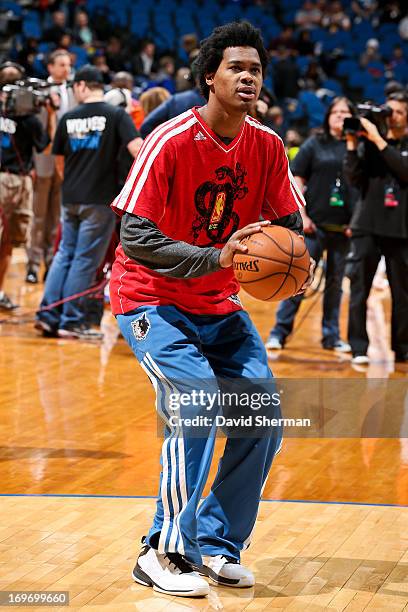 Mickael Gelabale of the Minnesota Timberwolves, wearing a shirt in honor of Chinese New Year, warms up before playing the New York Knicks at Target...