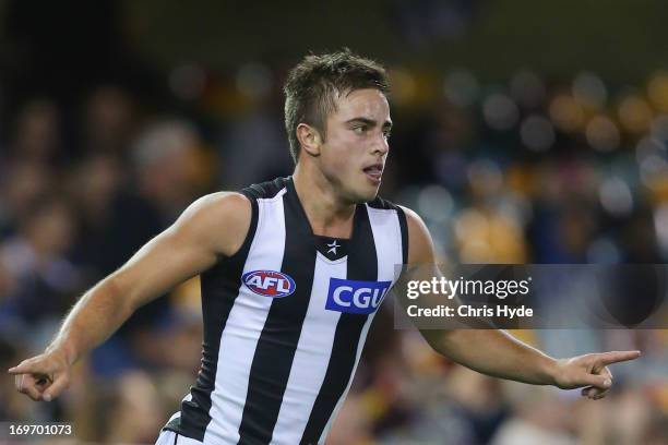 Ben Kennedy of the Magpies celebrates a goal during the round ten AFL match between the Brisbane Lions and the Collingwood Magpies at The Gabba on...