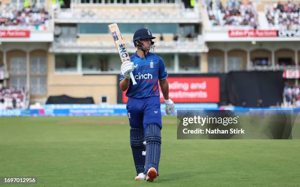 Will Jacks of England raises his bat after scoring 94 runs after being dismissalled by George Dockrell of Ireland during the 2nd Metro Bank ODI match...