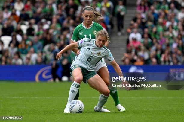 Katie McCabe of Republic of Ireland battles for possession with Caragh Hamilton Milligan of Northern Ireland during the UEFA Women's Nations League...