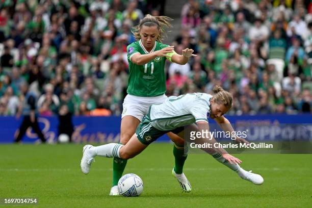 Caragh Hamilton Milligan of Northern Ireland is challenged by Katie McCabe of Republic of Ireland during the UEFA Women's Nations League match...