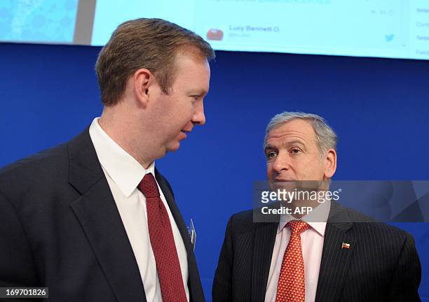 Panama's Finance Minister Frank Georges de Lima Gercich and Chilean Finance Minister Felipe Larrain talk after attending a session at the Latin...
