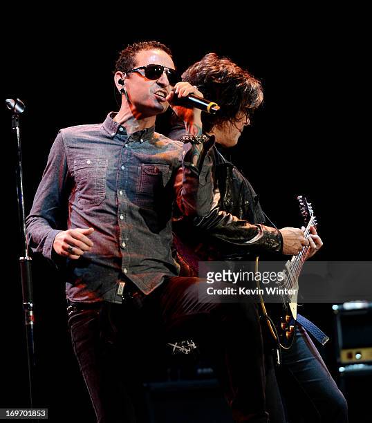 Musician Chester Bennington of Linkin Park and Dean DeLeo of Stone Temple Pilots perform at the 9th Annual MusiCares MAP Fund Benefit Concert at Club...