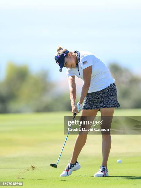 Lexi Thompson of The United States Team plays her second shot on the 18th hole in her match with Megan Khang against Anna Nordqvist and Leona Maguire...